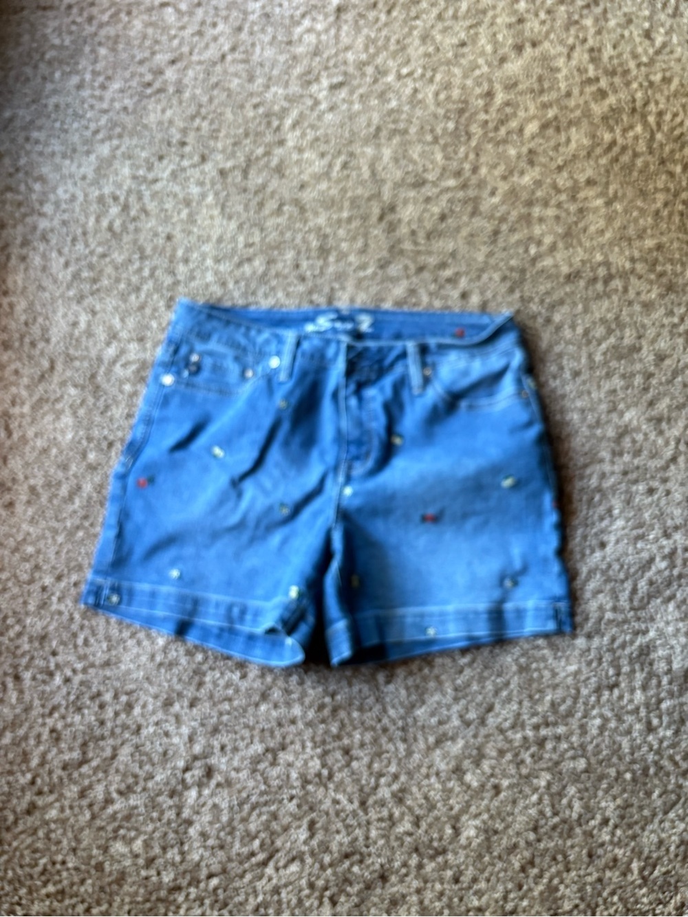 Seven7 Blue Denim Shorts with Multicolor Embroidered Flowers